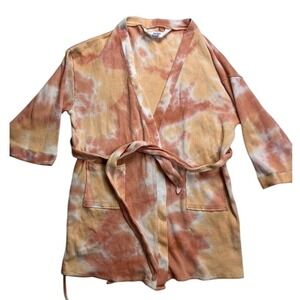 Wild Sage Tie Dye Waffle Knit Robe Coral Orange White Belted Pockets Women's M